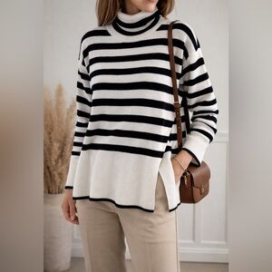 Black & White Striped Turtleneck Sweater with Side Slits